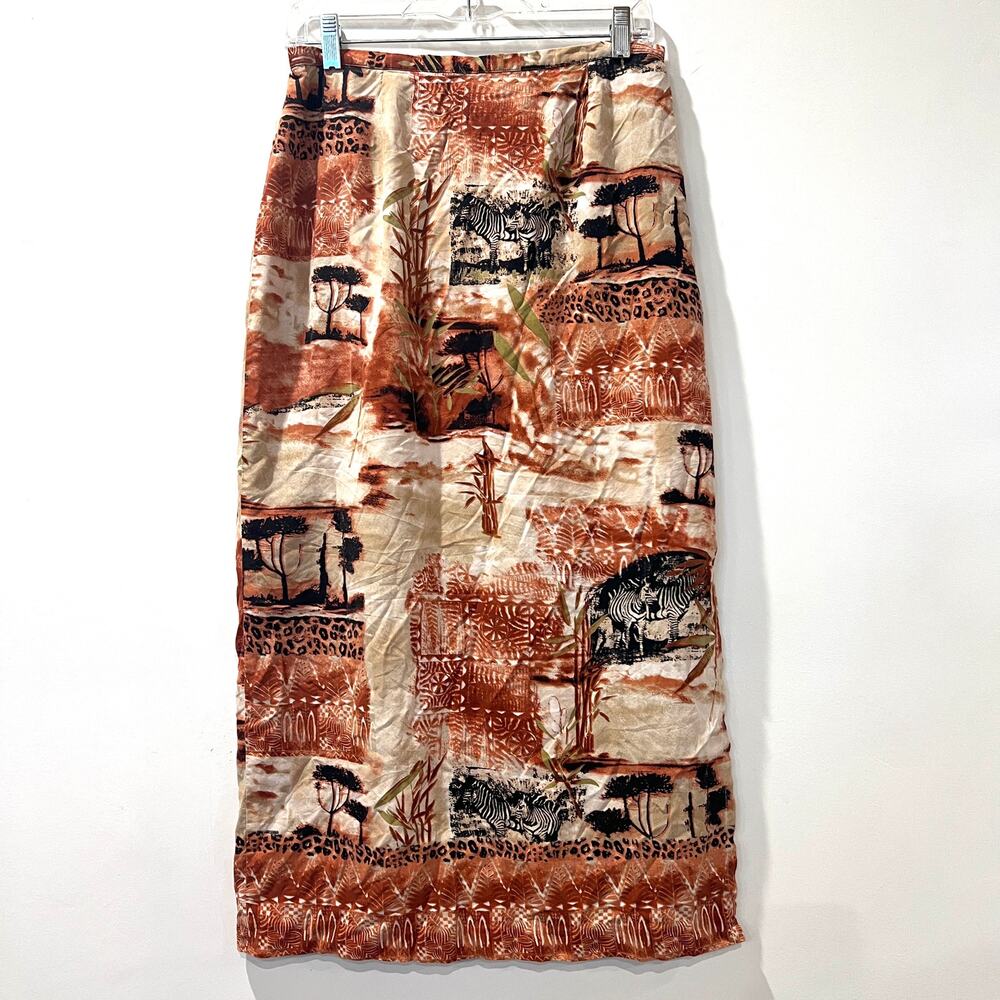 Nancy Bolen Silk Maxi Skirt Small Side Slit Side Zip African Safari Print Zebra